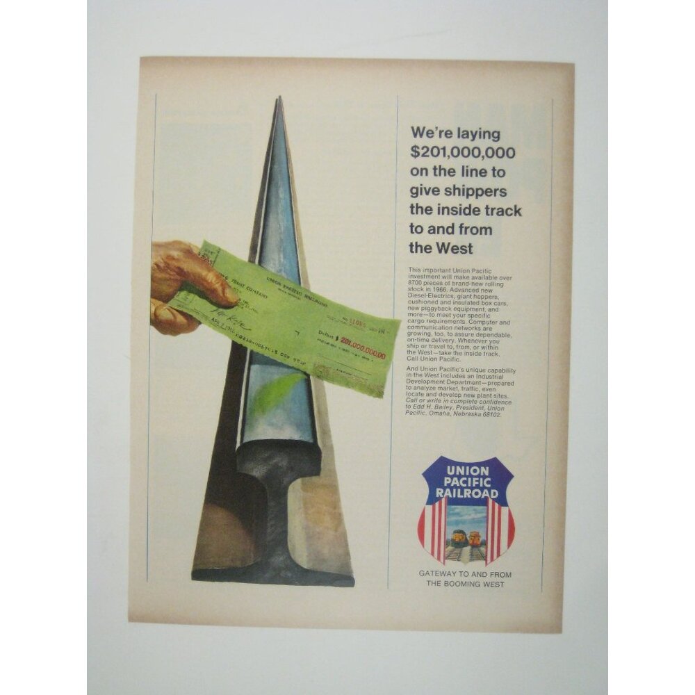 Vintage Union Pacific Railroad Print Ad Train Rail Track Check 1960s
